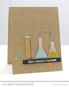 a card with three flasks and two beakles on it, one is filled with colored liquid