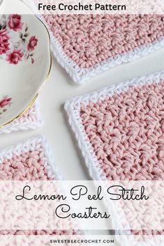 crocheted coasters with text overlay that reads, free crochet pattern lemon pel stitch coasters