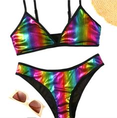 This Is A Stunner!!! Metallic Rainbow Striped Bikini Set Includes Top With Adjustable Straps And Matching Bikini Bottom. Says Large,But Best Fits M 8/10 Make Me An Offer! Rainbow Print Swimwear For Beach, Summer Rave Party Swimwear, Summer Party Rave Swimwear, Rave Party Swimwear For Summer, Rainbow Print Swimwear For Summer, Rave Party Swimwear For Beach Season, Rainbow Beachwear For Sunbathing, Multicolor Fun Swimwear For Party, Rainbow Triangle Top Swimwear For Swimming