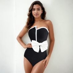 Monochrome Glam Bow One-Piece Swimsuit-One Piece-StylinArts Beachwear Swimwear With Bow For Poolside, Bow Detail Beachwear Swimwear For Poolside, Fitted Swimwear With Bow For Swimming, Summer Vacation Swimwear With Bow, Elegant Black Bodysuit For Pool, Chic One-piece Party Swimwear, Chic One-piece Swimwear For Party, Chic Black One-piece Swimwear, Chic Black Swimwear