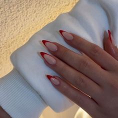 Cute Fall Nail Inspo Simple, Red Long French Tip Nails, Almond Nails With Red French Tip, Almond Nails Simple Classy, Almond Short Nails French, Short Nails Red French, Long Almond Red Nails, Red Nails Inspo Almond, Red Almond French Tip Nails