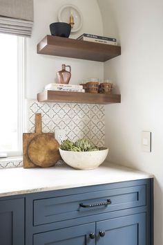 a bowl of succulents sits on top of a counter in the kitchen