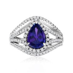 Ross-Simons - 1.80ct Blue Tanzanite Ring, .64ct t. w. Diamonds in Platinum. Size 9. With captivating color no rainbow could outdo, this incredible 1.80 carat pear-shaped blue tanzanite ring flaunts a hue too fabulous to fathom. Luxurious rows of polished platinum invite a touch of modern open space and provide a superb setting, traced in .64 ct. t. w. round brilliant-cut diamonds to scintillating effect. 5/8" wide. Diamond and blue tanzanite ring. Tanzanite Ring, Blue Tanzanite, Blue Rings, Shades Of Purple, Round Brilliant Cut Diamond, Touch Of Modern, Open Space, Buy 1, Round Brilliant