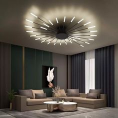 a living room with couches, tables and lamps on the ceiling is lit by round lights