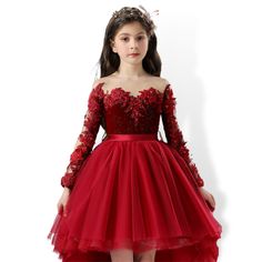 Fiery Red Detailed Floral Lace Design Princess Party Dress Long Back Dress, Lace Frocks, Princess Party Dress, Princess Look, Flower Embellishments, Lace Flower, Fiery Red, Tulle Fabric, Red Outfit