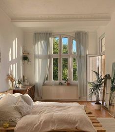 a bed sitting in a bedroom next to a window filled with lots of windows and plants