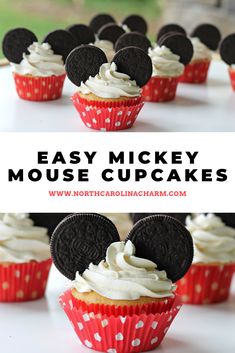 mickey mouse cupcakes with white frosting and chocolate oreo cookies on top