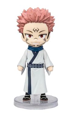 an anime character with pink hair and red eyes, standing on a white pedestal holding his hand