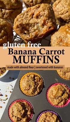 banana carrot muffins with text overlay that reads gluten free banana carrot muffins