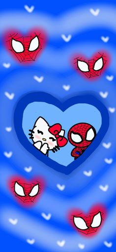 an image of hello kitty and spiderman in the shape of a heart with hearts