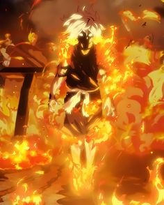 an anime character is surrounded by fire and flames