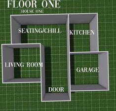 three open shelves with the words floor one, sitting room, living room, garage door