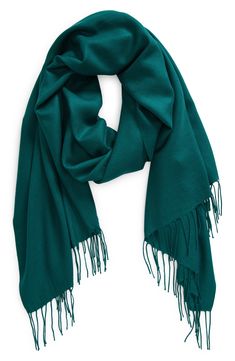 Long fringe tips a tissue-weight scarf woven in a soft blend of wool and cashmere. 29" x 76"; 3" fringe. 70% wool, 30% cashmere. Dry clean. By Nordstrom; imported. Long Fringe, Long Fringes, Cashmere Scarf, Cashmere, Dry Clean, Nordstrom, Wool, Free Shipping, Green