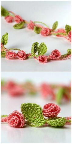 crocheted flowers and leaves are shown in two different pictures, one is pink and the other is green