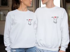 "The sweatshirts are sold separately. Couple Sweatshirt, Wedding Sweatshirt, Valentines Day Gift, Matching Sweater, Honeymoon Jumper, Engaged Sweater, Gift For Couple Our sweatshirts are Gildan branded. Material :  Unisex Sweatshirts...80% ringspun cotton / 20% polyester: Black, white, navy, sport grey, dark grey heather, military green, Charcoal, Paragon, Sand, Stone Blue Unisex Sweatshirts...50% cotton / 50% polyester: Forest green, royal blue, red, ash, maroon Our vinyl was certified by \"REA White Crew Neck Sweatshirt For Gift, White Crew Neck Sweatshirt As Gift, White Long Sleeve Top For Gift, White Long Sleeve Top As Gift, White Long Sleeve Top As A Gift, Wedding Sweatshirts, Jumper Designs, Couples Sweatshirts, Matching Sweaters