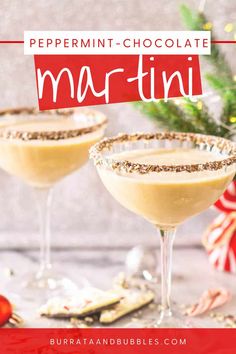 two glasses filled with peppermint - chocolate martinis on top of a table