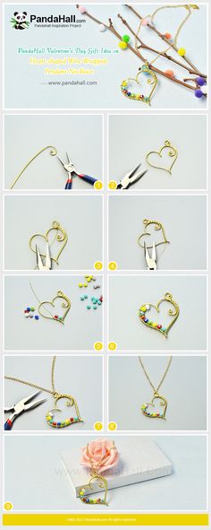 the instructions for how to make an origami heart necklace with beads and wire