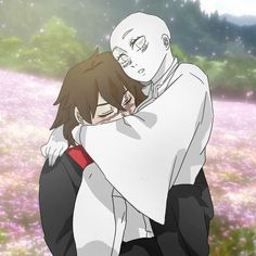 two anime characters hugging each other in front of purple and white flowers with trees in the background