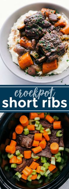 two pictures with different types of food in them and the words crockpot short ribs