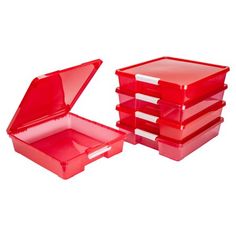 red plastic storage boxes stacked on top of each other