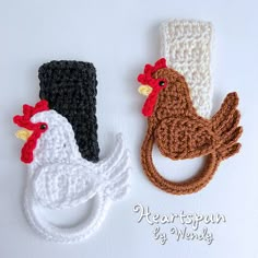 two crocheted chicken headbands are shown next to each other on a white surface