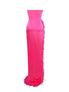 This bold hot pink feather dress gown is sure to make your next event memorable. The vivid fuchsia hot pink color brings out your inner diva. With pink feather trim on the slit of the dress, this dress is the perfect statement piece. The low-stretch, double duchess light weave satin material will glow under the lights of the dance floor. A back zipper holds this look together while you dance the night away. To complete the look, add your favorite pair of gold heels. Available in fuchsia, olive, Pink Feather Dress, Feather Gown, Strapless Evening Gowns, High Waist Long Skirt, Miss Circle, Hot Pink Color, Plain Dress, Feather Trim, Pink Feathers