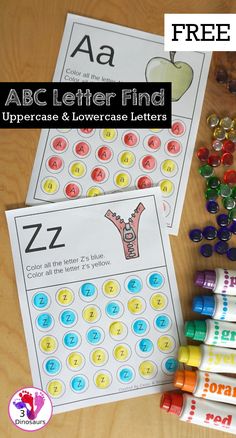 the abc letter find and lowercase letters are shown next to some crayon markers