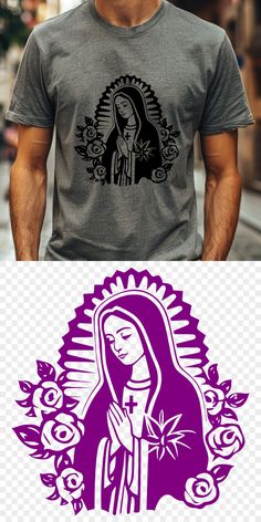 a man wearing a t - shirt with an image of the virgin mary on it