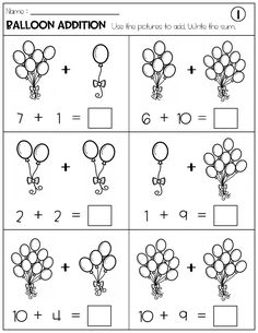 balloons addition worksheet for kids to practice counting and subming the number one