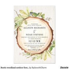 the rustic wood and leaves wedding card is shown