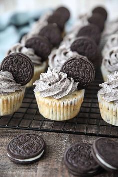 oreo cookies and cupcakes cooling on a rack