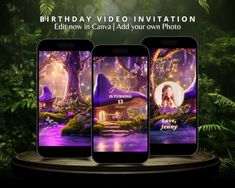 three cell phones with the words birthday video invitation on them, and an image of a fairy