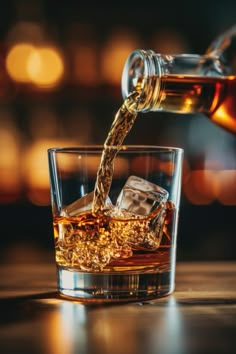 an image of whiskey being poured into a glass with ice cubes on the side