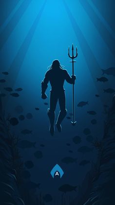 the silhouette of a man holding a spear and standing in water with fish around him