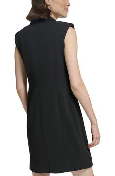 A surplice neck and notch collar frame the sophisticated silhouette of a sheath dress finished with a dramatic gathered front with button closure. 35 1/4" length (size Small) Wrap front with button closure 66% polyester, 30% recycled polyester, 4% spandex Dry clean Imported Business V-neck Dresses With Button Closure, V-neck Dress With Hidden Button Closure For Work, Elegant Sleeveless Dress With Notched Neckline, Formal V-neck Dress With Hidden Button Closure, Black Notch Lapel Dress For Business, Black Notch Lapel Business Dress, Tailored Sleeveless Business Dress, Classic V-neck Career Dresses, Fitted Sleeveless Dress With Surplice Neckline