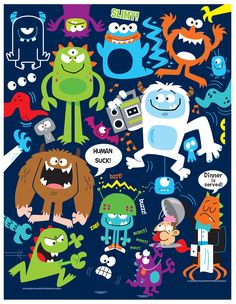 an image of cartoon monsters on a blue background