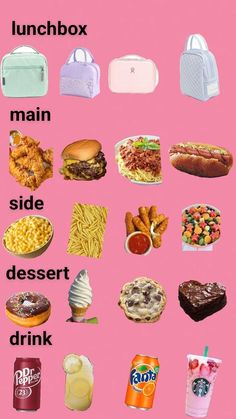 a pink poster with different types of food on it