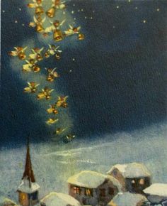 an image of a christmas scene with birds flying over the houses and snow on the ground