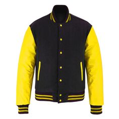 royal yellow custom letterman jacekts Casual Yellow Outerwear For College, Yellow Varsity Jacket For College In Fall, Yellow Varsity Outerwear For Winter, Yellow Varsity Outerwear For College, Yellow Letterman Jacket, Yellow Varsity Winter Outerwear, Black And Yellow Varsity Jacket, Yellow Varsity Jacket For Streetwear, Black Varsity Jacket With Contrast Sleeves