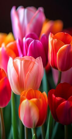 many pink and orange tulips are in the middle of a group, with green stems