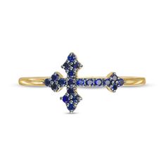 Show off your faith with this stylish yet elegant cross ring featuring precious blue sapphires. Made from 10K gold, the design showcases a sideways cross embellished with delicate blue sapphires. The edges are complemented with three additional sapphires, giving it a Gothic appearance. This ring is polished to a dazzling finish, making it an accessory you'll love to wear regularly.The perfect complement to any elegant style, this ring will be hand-made exclusively to your order by our skilled je Cross Ring, Showcase Design, 10k Gold, Gothic Fashion, Elegant Style, Types Of Metal, Blue Sapphire, Gold Metal, Sapphire