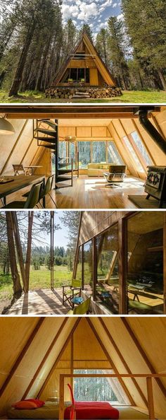 the inside and outside of a wooden cabin