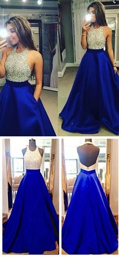 High Neck Royal Blue Long Prom Dress,Bodice Beads Evening Prom Dresses, Ball Gown With Pocket Formal Women Dresses,Graduation Dresses