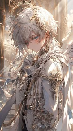 an anime character with white hair and wings