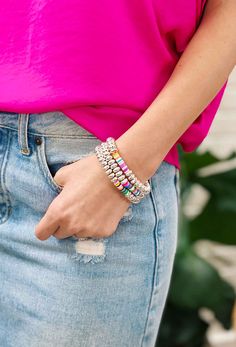 Pool Party Bracelet Set Festa Pool Party, Geometric Beading, Bracelet Set Silver, Weather Outfits, Gold Bracelet Set, Warm Weather Outfits, Affordable Jewelry, Basic Tee, Printed Maxi