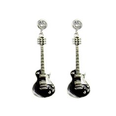 a pair of black and silver earrings with a guitar on the bottom one earring