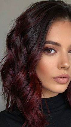 Fall Hair Hues Dark Espresso Right Cut ☕ Red Dipped Hair, Dark Burgundy Ombre Hair, Dark Red Black Hair Color, Bright Fall Hair Color Ideas, Cool Summer Red Hair, Brunette Hair With Red Balayage, Deep Red Hair With Highlights, Red Partial Highlights For Dark Hair, Maple Balayage