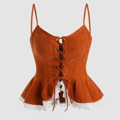 Full Lace Up Vibrant Burnt Orange Ruffle Top With Lace Trim Perfect Fall Colors Great For Any Occasion Fall Fairy Costume, Orange Ruffle Top, Orange Top Outfit, Casta Fierce, 70s Fairy, Billie Eilish Concert Outfit, Ut Game, Cider Tops, Top Halloween Costumes