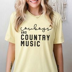 Cowboys and Country Music Tee - Limeberry Designs Western Style T-shirt For Country Concerts In Spring, Country Style Tops For Western-themed Spring Events, Country Style T-shirt For Spring Events, Spring Country Style T-shirt For Country Events, Western Cotton Tops For Country Festivals, Western Letter Print Tops For Country Events, Western Tops With Letter Print For Country Events, Western Style Tops With Letter Print For Country Events, Western Style Top With Letter Print For Country Events