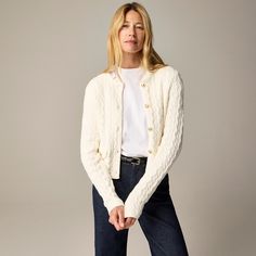 J.Crew: Odette Cable-knit Sweater Lady Jacket In Cotton-blend Bouclé For Women Ralph Lauren Womens Clothing Casual, Cotton Cable Knit Sweater, Lady Jacket, Cardigan Outfits, Jcrew Women, White Cardigan, Fall 2024, Fit Inspo, Scarf Hairstyles